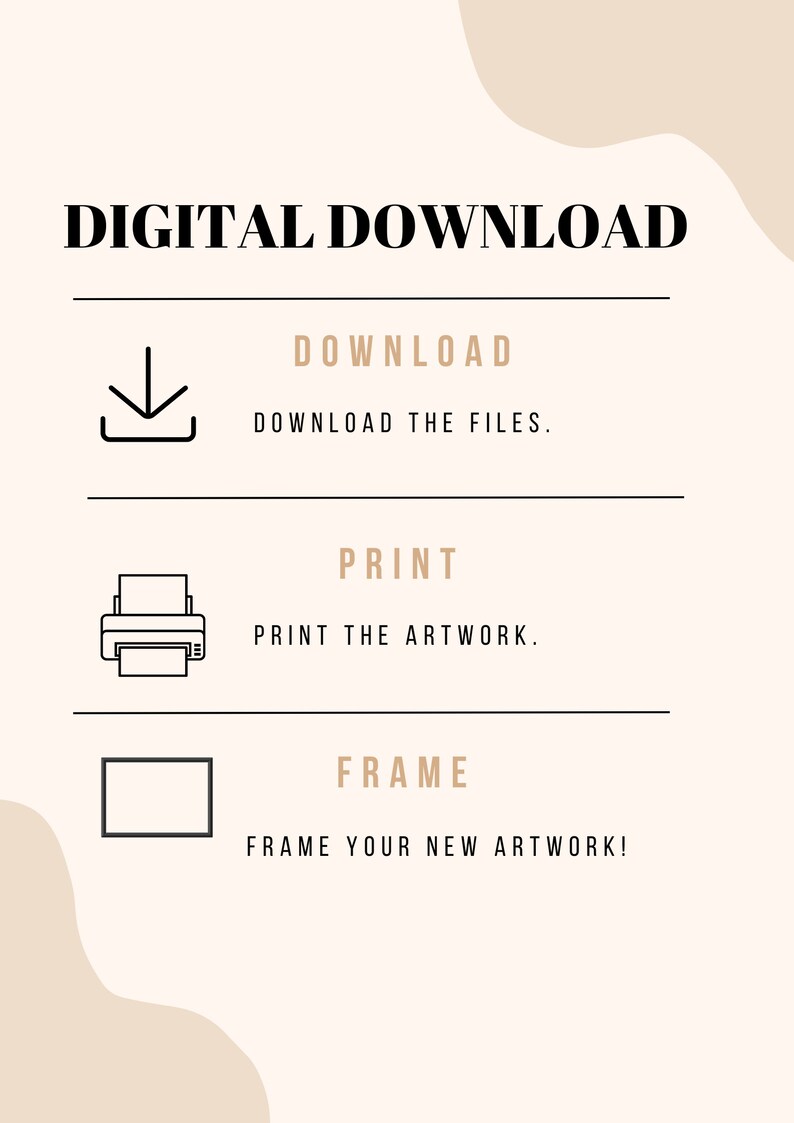May include: Digital download instructions with icons for downloading, printing, and framing artwork.
