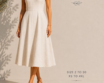 Könnte beinhalten: Ein Schnittmuster für ein ärmelloses Kleid mit V-Ausschnitt und ausgestelltem Rock. Der Text lautet: SLEEVELESS DRESS SEWING PATTERN, SIZE 2 TO 30, XS TO 4XL, PDF PATTERN A4, A0, US LETTER, PRINT AT HOME, STEP BY STEP INSTRUCTIONS, EASY TO SEW, SIZE INCLUSIVE.