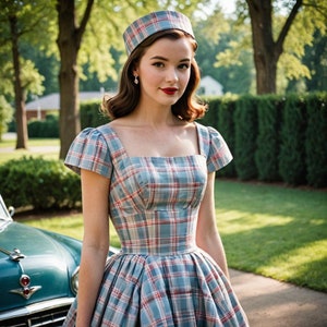 May include: A woman wearing a blue and red plaid dress with a matching hat. The dress has a fitted bodice and a full skirt. She is standing in front of a green car.