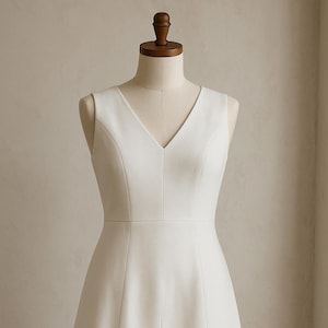 以下が含まれることがあります： Vネックとフィットしたボディスを持つ白いノースリーブドレス。ドレスはフレアスカートとシンプルなデザインです。