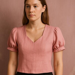 Patrón de costura en PDF para top corto con mangas abullonadas, patrón de blusa con cuello en V, top cottagecore, ideal para principiantes, tallas XS-4XL, tamaño A0, A4, tamaño carta (EE. UU.)