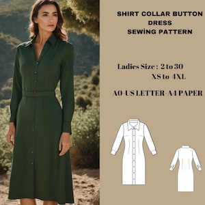 Button Down Summer Dress Sewing Pattern, Long sleeve Dress Button Front Dress, Collar Dress, Sundress Pattern, Button Front Dress, XS-4XL