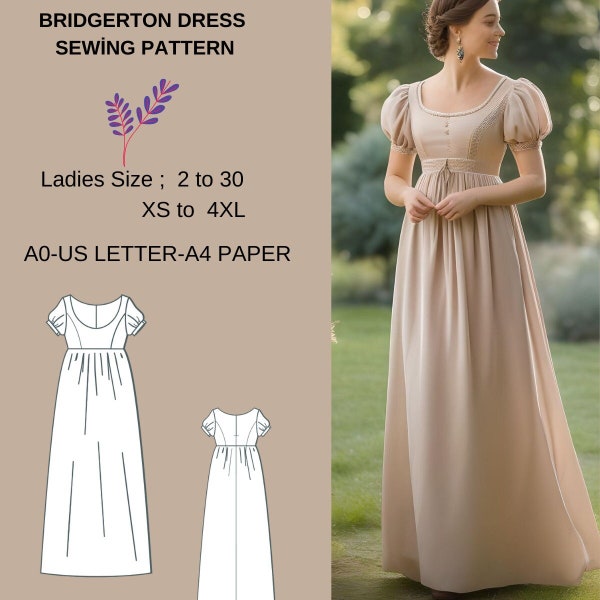 Langes Bridgerton Kleid, Elfenkleid, Maxi Kleid, Halloween Kostüm, A0 A4 US Letter-US 2 bis 30 Ballkleid-Empire Taille