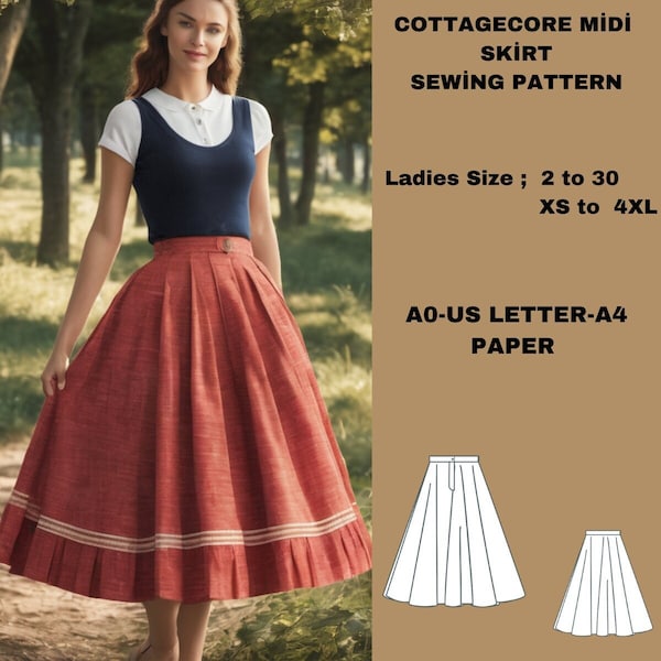 cottagecore  style midi skirt sewing pattern  ladies size 2 to 30 xs to 4xl