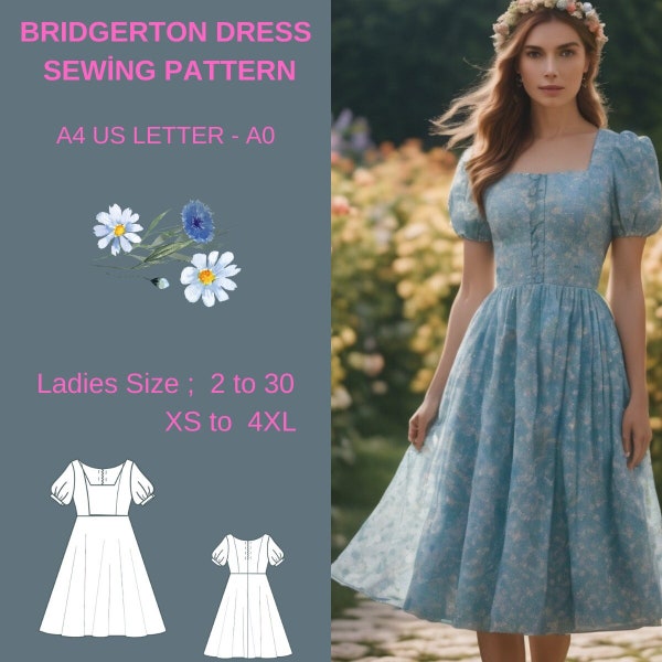 Bridgerton Kleid, Feenkleid, Regency, Elfenkleid, Midikleid, Halloweenkostüm, A0 A4 US Letter-US 2 bis 30 Ballkleid-Empire Taille