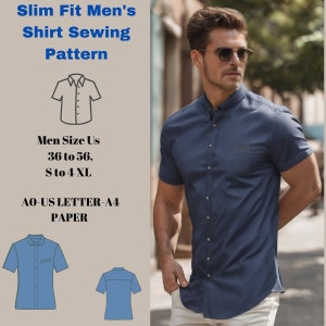 short sleeve slim , fit shirt Sewing Pattern, Shirt Pattern for Men, Button Up Shirt Pattern,Men Size 36 to 56, S to 4 XL A4 A0