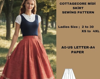 cottagecore  style midi skirt sewing pattern  ladies size 2 to 30 xs to 4xl