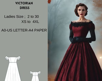 Schnittmuster für viktorianisches Kleid, Bridgerton-Kleid, Feenkleid, Elfenkleid, Maxikleid, Halloween-Kostüm, A0 A4 US Letter-US 2 bis 30