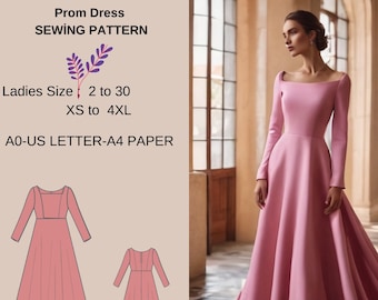 Prom dress  evening gown sewing pattern A0 A4 US Letter-US 2 to 30