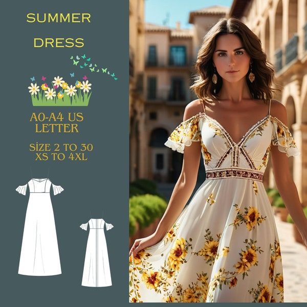 Vestido de verano Patrón de costura de vestido maxi, tamaños; EE. UU. 2 a 30 y XS a 4XL, adecuado A0- A4-US Carta: nuestra colección incluye opciones de tallas grandes