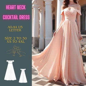 Heart Neck Off Shoulder Cocktail Dress Pattern, Bridal Gown Sewing Pattern, Fairy Dress pattern, evening gown,  Cosplay Dress. A4 A0 XS-4XL