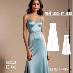Puede incluir: Un patrón de costura para un vestido maxi con un vestido azul en una modelo y dos patrones de vestido blancos. El patrón es para las tallas US 2-30 y XS-4XL. El texto "MAXI DRESS PATTERN" y "AO AND A4 PAPER" están incluidos en la imagen.