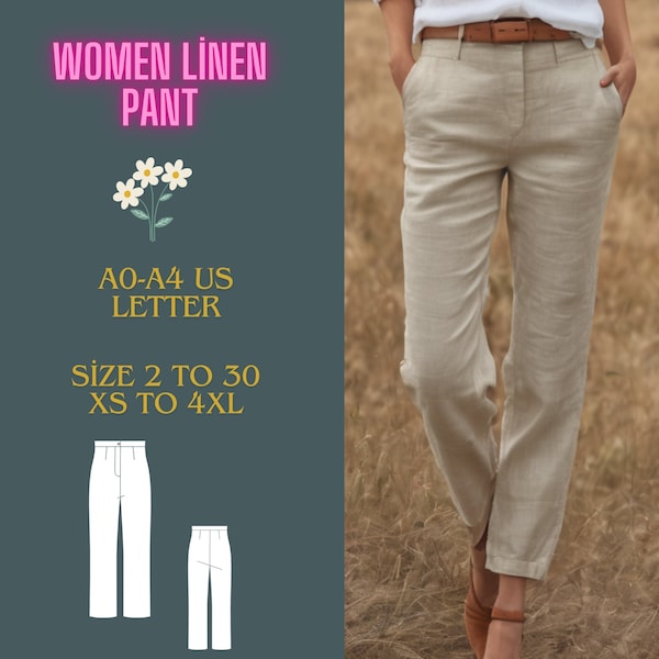 women's summer linen trousers pattern, Sewing Pattern,Ladies Sizes ; US 2 to 30-Xs to4 XL ,Formatted A0, A4 ,US Letter Paper.