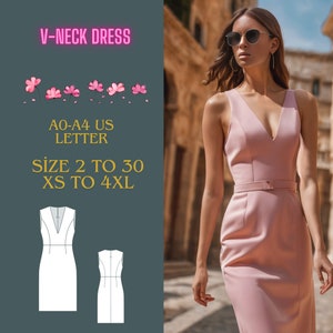 v-neck dress Sewing Pattern,Sizes ; US 2 to 30 and XS to 4XL,Suitable A0- A4-US Letter-There is no pleat on the waist