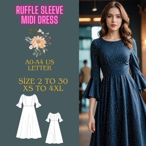 Peut inclure: Une robe midi bleue à motif d'étoiles blanches et manches bouffantes. La robe est présentée sur un mannequin et a un col rond simple. La robe est disponible en tailles 2 à 30, XS à 4XL. Le patron est disponible en format lettre US A0-A4.