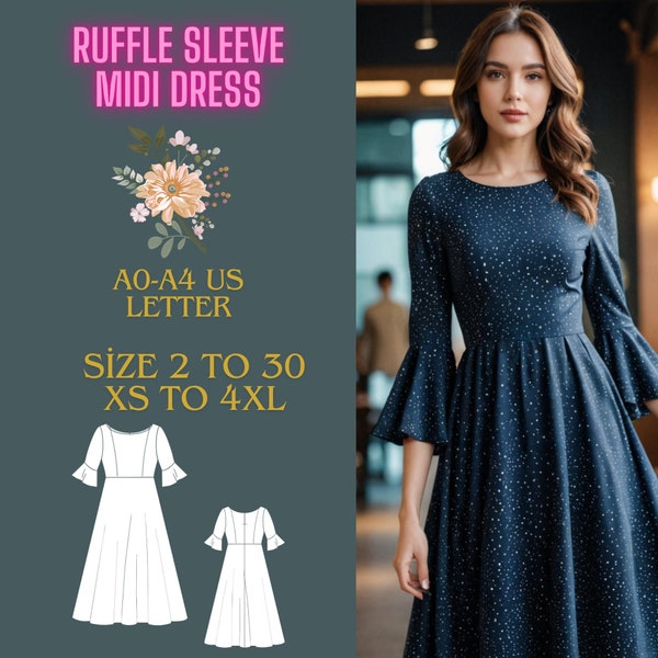 Midi length dress model with ruffle sleeves Sewing Pattern,Sizes ; US 2 to 30 and XS to 4XL,Suitable A0- A4-US Letter