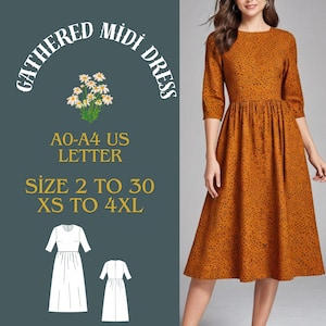 Patrón de costura para vestido midi fruncido, estilo cottagecore, recto y bohemio. Tallas de mujer (EE. UU.: 0 a 30; XS a 4XL). Apto para A4 (carta A0).