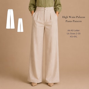 May include: A person wearing high-waisted palazzo trousers in a light beige hue. The trousers feature a wide leg design and are worn with a green top. Text on the right reads: High Waist Palazzo Pants Pattern, A4 A0 Letter, US Sizes 2-30, XS-4XL.