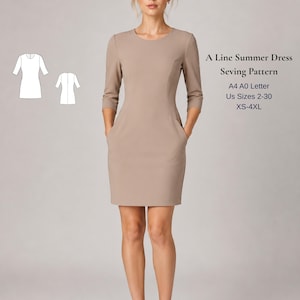 May include: A-line summer dress in a neutral beige color with three-quarter sleeves and pockets. The image includes a sewing pattern diagram and text that reads "A Line Summer Dress Sewing Pattern A4 A0 Letter Us Sizes 2-30 XS-4XL."
