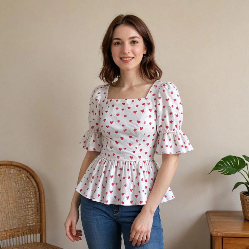 May include: A white top patterned with red hearts, featuring a square neckline and short, flared sleeves. The top has a peplum waist. The model is wearing blue jeans.