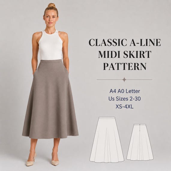Midi Skirt Sewing Pattern PDF, A-Line Skirt Pattern, Flared Skirt, Women's High Waist Skirt, Printable PatternXS-4XL | A4 A0 US Letter