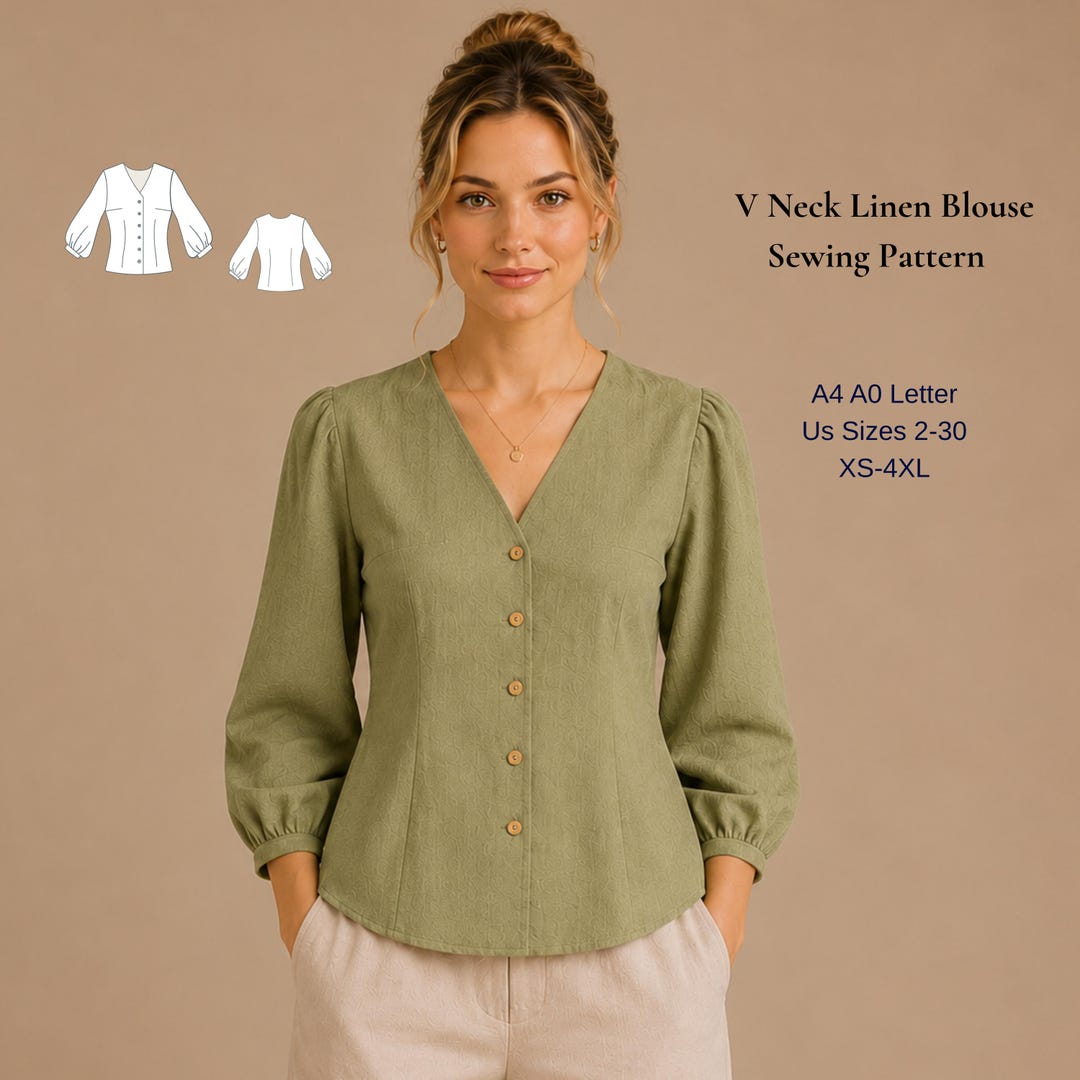 V Neck Linen Blouse Sewing Pattern PDF, Button Front Top Pattern, Puff Sleeve Shirt, Women