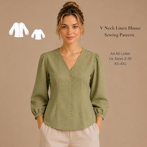 May include: A woman wearing a light green V-neck linen blouse with long sleeves and wooden buttons. The image includes a sewing pattern diagram and text that reads "V Neck Linen Blouse Sewing Pattern, A4 A0 Letter, US Sizes 2-30, XS-4XL."
