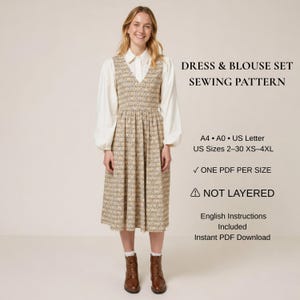 May include: A dress and blouse set sewing pattern featuring a sleeveless, patterned midi dress worn over a white long-sleeved blouse. Text includes DRESS & BLOUSE SET SEWING PATTERN, A4, A0, US Letter, US Sizes 2-30 XS-4XL, ONE PDF PER SIZE, NOT LAYERED.