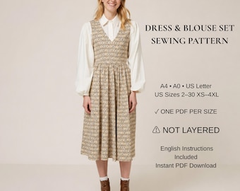 Women’s Pinafore Dress Sewing Pattern PDF | V-Neck Sleeveless Gathered Midi Dress | Jumper Dress | XS-4XL | A4 A0 US Letter