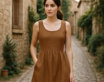 Sleeveless Linen Dress Sewing Pattern PDF | Scoop Neck Midi Dress | Women's Gathered Waist Dress | XS-4XL | A4 A0 US Letter
