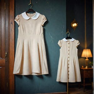 May include: Two beige dresses with white collars hang against a dark teal wall. The larger dress has a pleated skirt and short sleeves. The smaller dress has a button-down front and a similar design, suggesting a matching set.