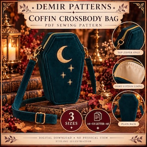 May include: A teal velvet coffin-shaped crossbody bag with gold moon and star embroidery, a gold zipper, and an adjustable strap. The pattern includes three sizes, an ivory cotton lining, and a plain back, presented as a digital PDF sewing pattern.