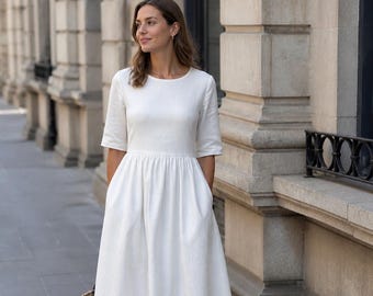 Linen Maxi Dress Sewing Pattern PDF | Gathered Waist Dress with Pockets | Women's Summer Dress | XS-4XL | A4 A0 US Letter