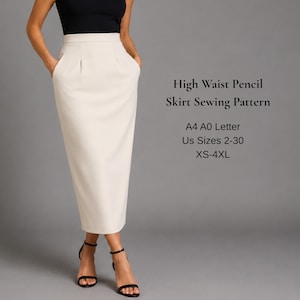 Puede incluir: Un patrón de costura para falda lápiz de cintura alta en color crema, con bolsillos laterales y pretina estructurada. El texto dice: High Waist Pencil Skirt Sewing Pattern, A4 A0 Letter, US Sizes 2-30, XS-4XL. La falda llega a media pantorrilla.