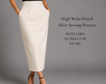 May include: A high-waist pencil skirt sewing pattern in cream, featuring side pockets and a structured waistband. Text reads: High Waist Pencil Skirt Sewing Pattern, A4 A0 Letter, US Sizes 2-30, XS-4XL. The skirt reaches mid-calf length.