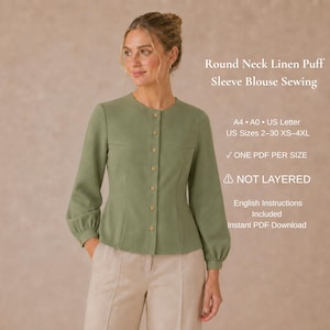 Op de afbeelding: Een saliegroene linnen blouse met een ronde halslijn, lange pofmouwen en een knoopsluiting aan de voorzijde. De tekst op de afbeelding luidt: Round Neck Linen Puff Sleeve Blouse Sewing, A4, A0, US Letter, US Sizes 2-30 XS-4XL, ONE PDF PER SIZE, NOT LAYERED.