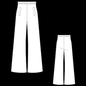 May include: A technical line drawing of wide-leg trousers shown from both the front and back views. The pants feature an elasticized waistband with gathered detailing, two vertical front pockets, and a clean, straight-cut silhouette throughout.
