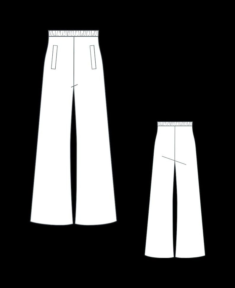 May include: A technical line drawing of wide-leg trousers shown from both the front and back views. The pants feature an elasticized waistband with gathered detailing, two vertical front pockets, and a clean, straight-cut silhouette throughout.