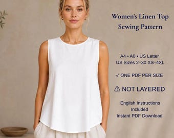 Women's Linen Top Sewing Pattern, Sleeveless Summer Tunic PDF, Simple Woven Blouse XS-4XL