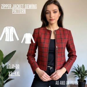 Peut inclure: Un patron de couture de veste zippée à carreaux rouge et noir. Le patron est disponible dans les tailles US 2-30 et XS-4XL. Le patron est imprimé sur du papier A0 et A4.