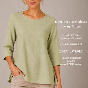 Linen Boat Neck Blouse Sewing Pattern, 3/4 Sleeve Top PDF, Back Button Detail, Relaxed Fit Tunic, Women's Shirt Pattern XS-4XL