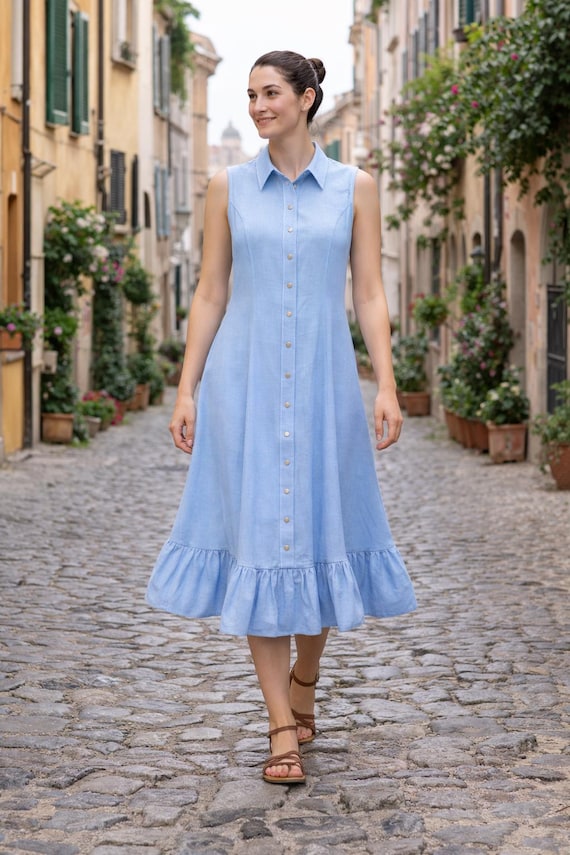Sleeveless Buttoned Midi Dress Sewing Pattern | Ruffled Hem Tunic Dress PDF  - Etsy
