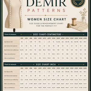 May include: A Demir Patterns women's size chart featuring a dress form, sewing tools, and two tables displaying bust, waist, and hip measurements in both centimeters and inches for sizes US2 through US30, including international size equivalents.