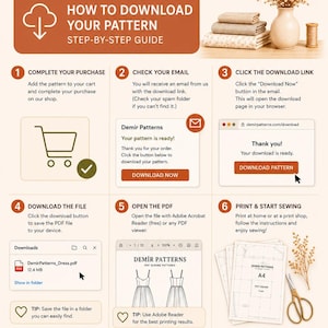 May include: An instructional graphic for downloading PDF sewing patterns from Demir Patterns. The guide includes steps for purchase, email checking, download link, file saving, PDF opening, and printing. The image features a shopping cart, email icon, and a PDF document icon.