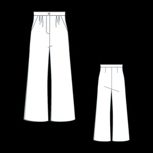 May include: Two pairs of wide-leg pants, one with a higher waist and pleats, and the other with a lower waist.