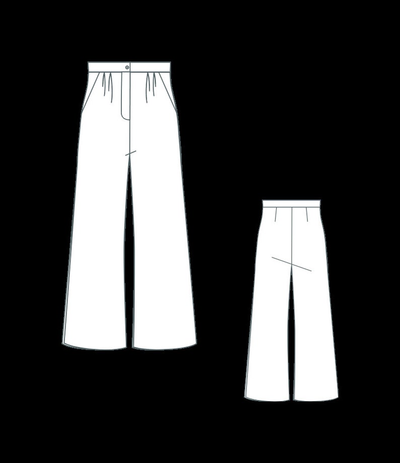 May include: Two pairs of wide-leg pants, one with a higher waist and pleats, and the other with a lower waist.