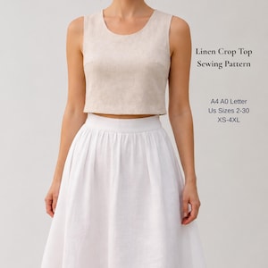 May include: A beige sleeveless crop top paired with a white skirt. Text on the right reads: Linen Crop Top Sewing Pattern, A4 A0 Letter, US Sizes 2-30, XS-4XL. The top features a round neckline and a fitted silhouette, while the skirt is full.