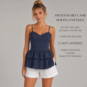 Sweetheart Peplum Cami Top Sewing Pattern PDF | Tiered Ruffle Tank Top | Women's Summer Blouse Pattern | XS–4XL | A4, US Letter, A0
