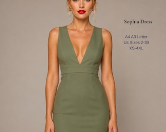 May include: Olive green sleeveless dress with a deep V-neckline and a fitted silhouette. The dress features a defined waist and a knee-length hemline. Text on the image reads "Sophia Dress" and "Us Sizes 2-30 XS-4XL".