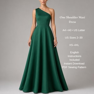 Naaipatroon PDF voor een maxi-jurk met één schouder | Avondjurkpatroon | Wijde jurk | XS-4XL | A4 A0 US Letter